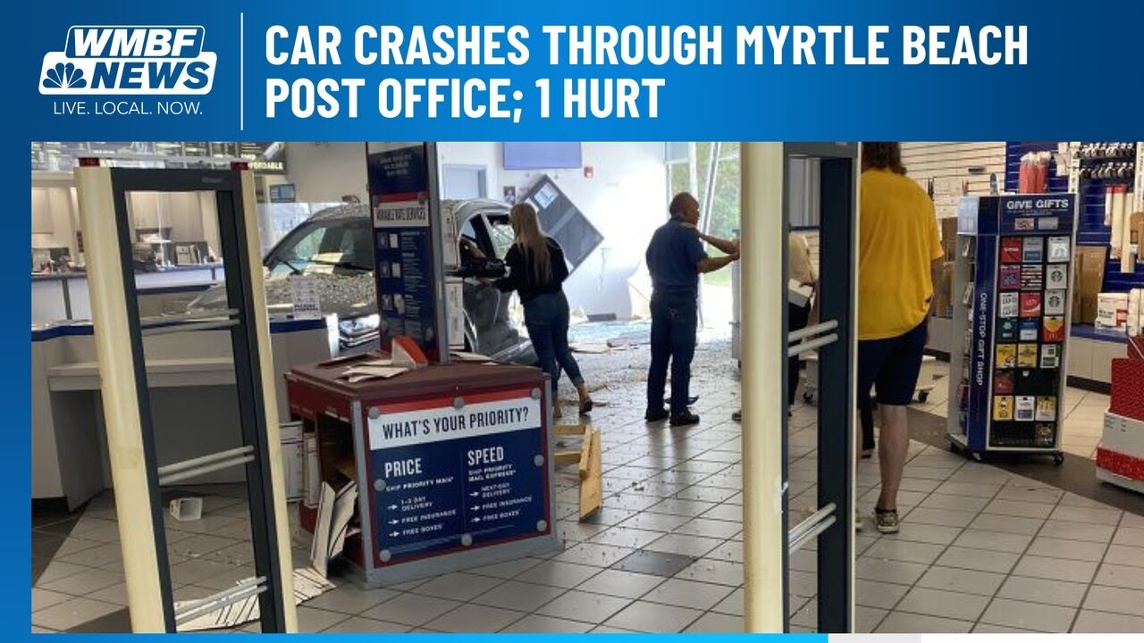 Car crashes through Myrtle Beach post office; 1 hurt - YouTube