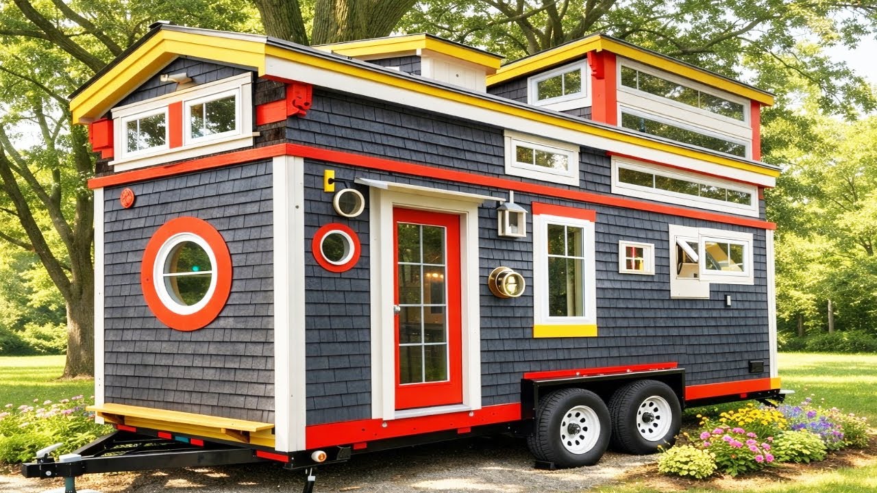Прекрасный маленький домик на колёсах с уютной коробчатой ​​конструкцией, защищающей от холода и ...