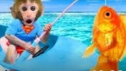 Monkey Baby Bon Bon doing shopping for toy car and Eats Ice Cream with puppy at the pool