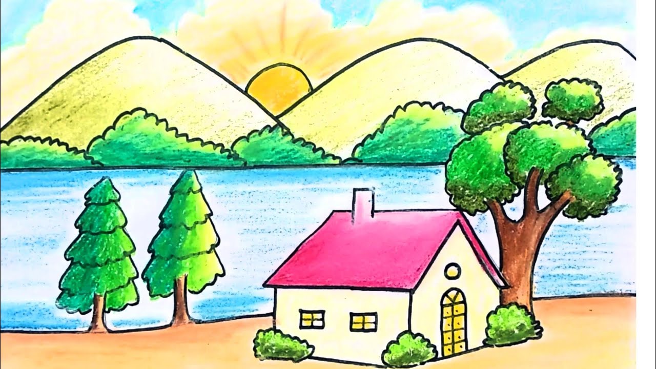 most simple scenery drawing with brush sketch pens for All  scenery drawing  with 0 coin step by st  YouTube