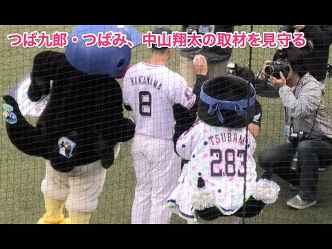 つば九郎・つばみ、中山翔太の取材を見守る