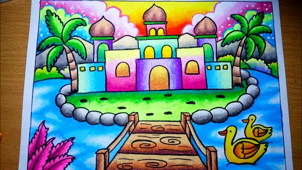 Cara Menggambar Pemandangan Pulau Dan Masjid Yang Mudah Drawing Scenery Of Mosque Youtube Seni Pensil Warna Seni Krayon Tutorial Gambar Kartun