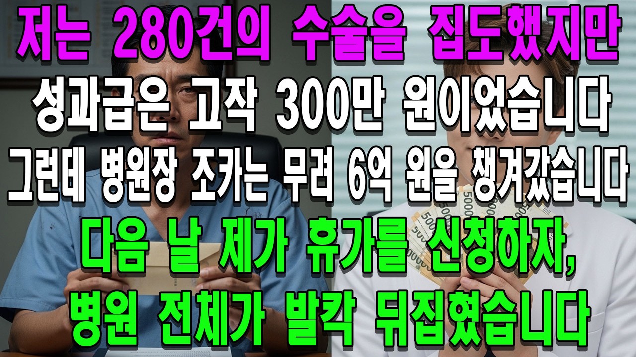 저는 280건의 수술을 집도했지만 성과급은 고작 300만 원이었습니다.그런데 병원장 조카는 무려 6억 원을 챙겨갔습니다.다음 날 제가 휴가를 신청하자,병원 전체가 발칵 뒤집혔습니다
