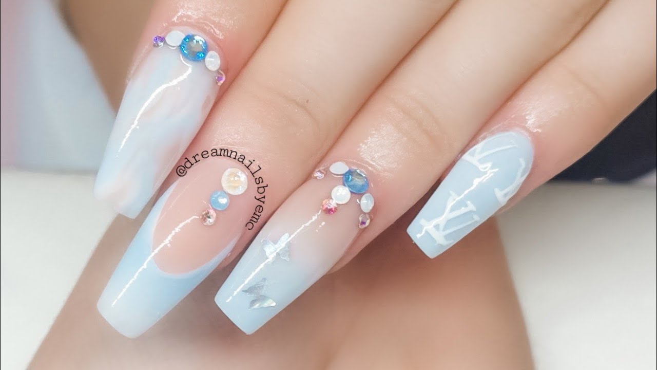 Baby blue LV acrylic nail design, how to paint LV nails