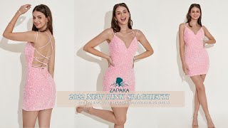 2022 New Pink Spaghetti Straps Backless Sequins Homecoming Dress Zapaka