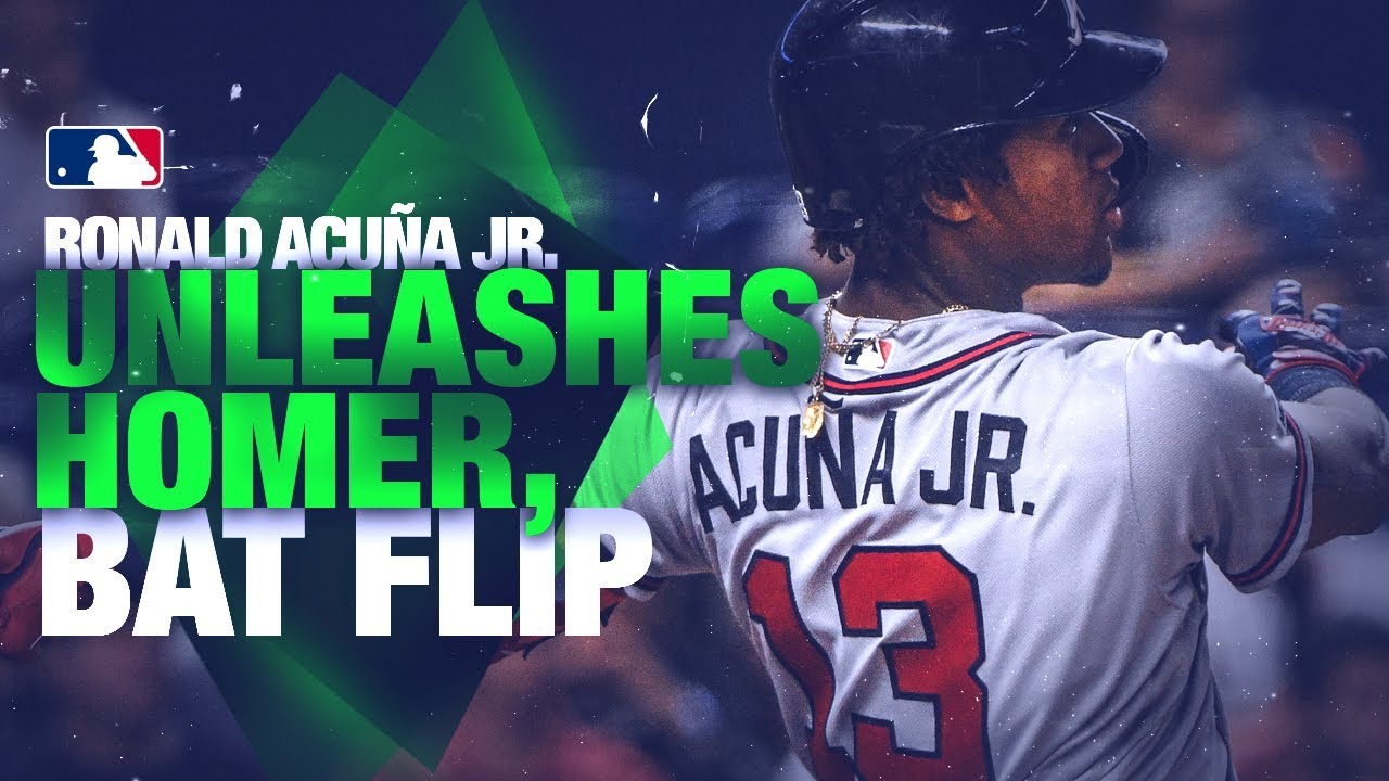 Acuna flips his bat after a booming over off Urena - YouTube