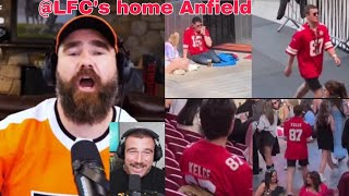 Jason Kelce's Hilarious Reaction to Travis Kelce Jerseys Dominating Anfield Stadium! Travis Kelce Eagles Jersey