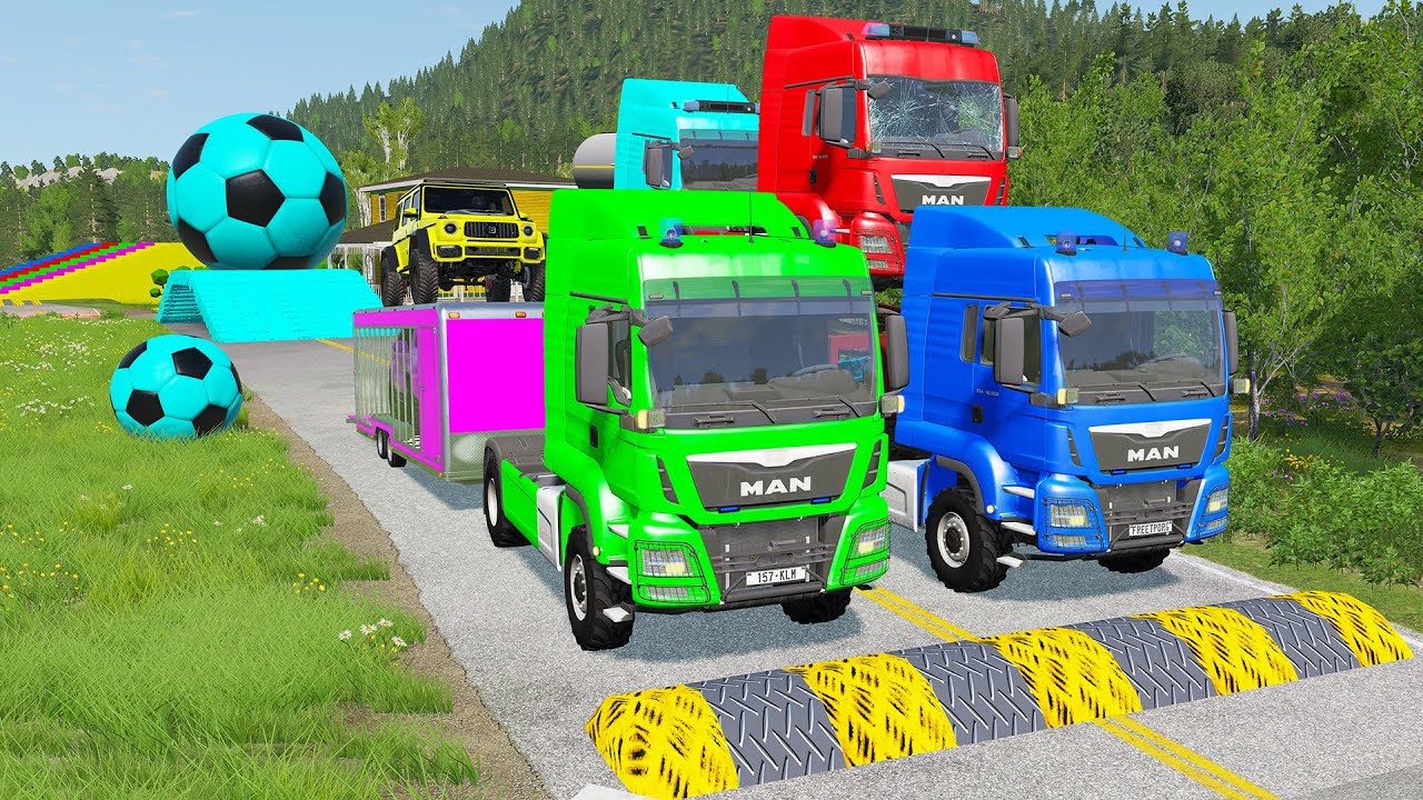 Двойной прицеп-платформа против «лежачих полицейских» Поезд против машин | Тягач против поезда Be...