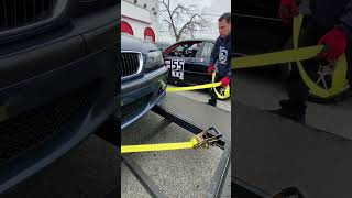 How to strap a car onto an open trailer #car #trailer #how #howto #help #mechanic #racing #tips