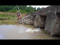 Amazing Fishing. Big Fishing Girl in the sewer with a traditional hook