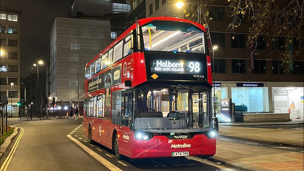 Full Route Visual. Route 98: Willesden Bus Garage - Holborn, RLS | Electroliner EV WDE3124 LV74 TKN