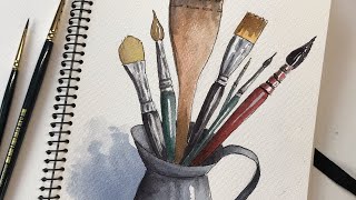Watercolor sketch in journal of paint brushes