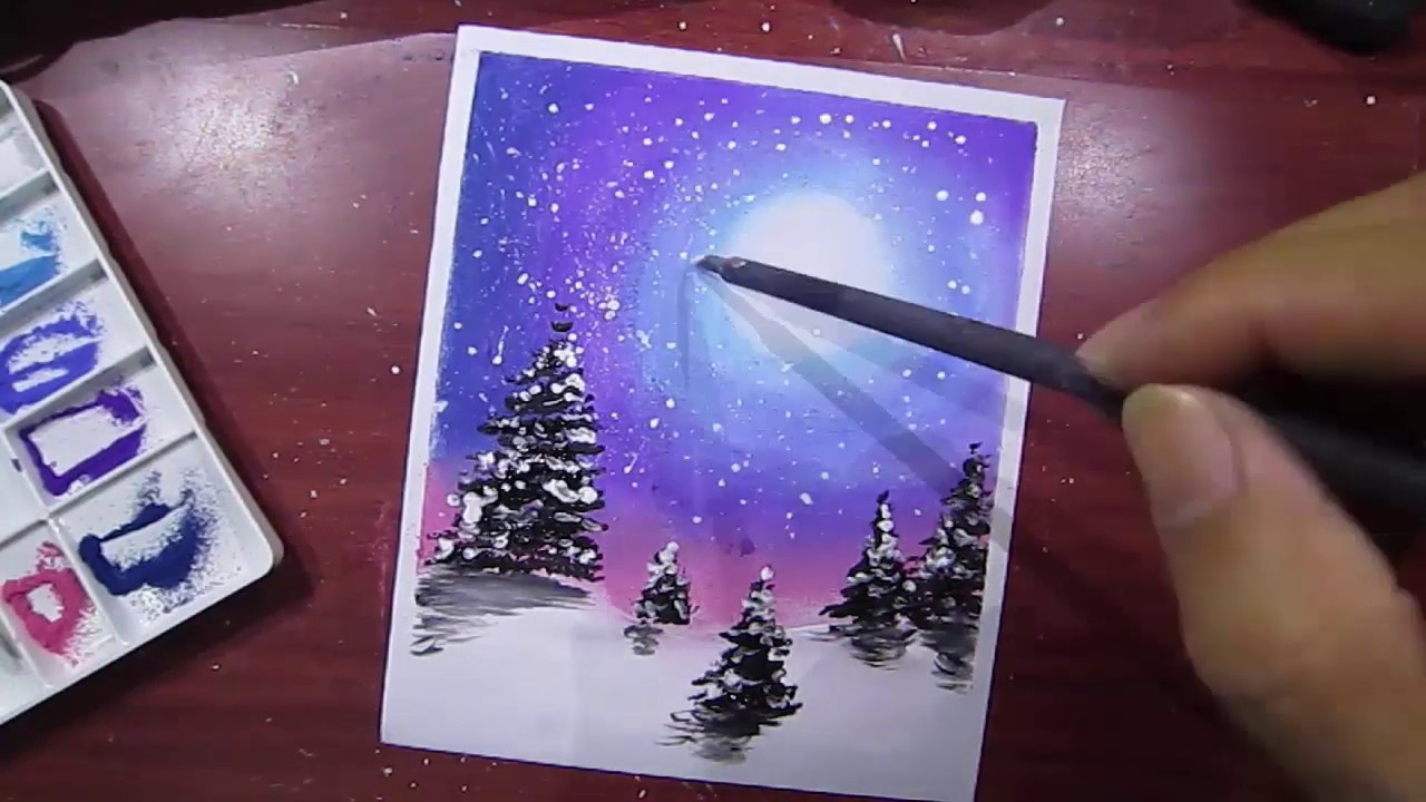 Vẽ tranh phong cảnh mùa đông khi tuyết rơi trắng những cây thông - YouTube