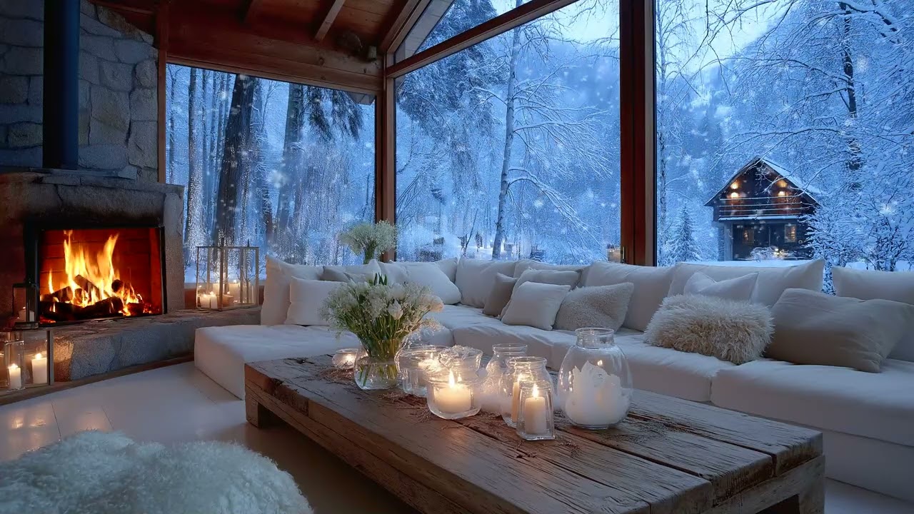 🌙🎶 Cozy Winter Lounge Piano | Soft Candlelight & Snowfall Background (5 Hours) | Study Relax Sleep