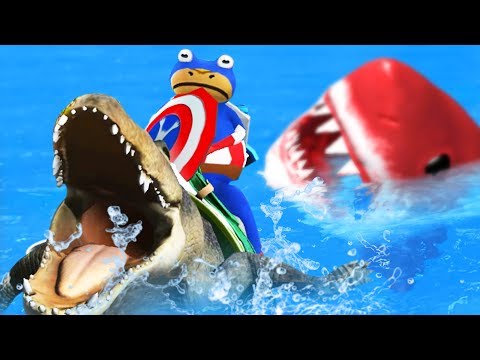 captain-america-frog-rides-an-alligator-vs-red-megalodon---amazing-frog-part-175-|-pungence