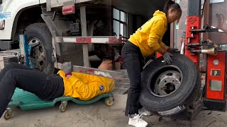 Truck Puncture Tire Replacement And Wheel Alignment Balancing