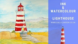 Beginners ink and watercolour lesson, painting a lighthouse from a reference photograph