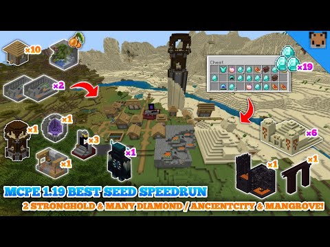 Minecraft PE 1.19 Seed Speedrun - Village with 2 Stronghold & Many Diamond / Ancientcity & Mangrove!