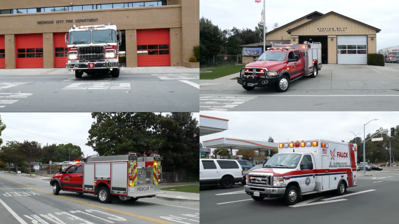Redwood City Fire Dept. Engine 9 + Menlo Park Fire District Rescue 77 + Falck Medic 775