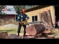 Big ol' chainsaws, cutting big hard wood log, and a message