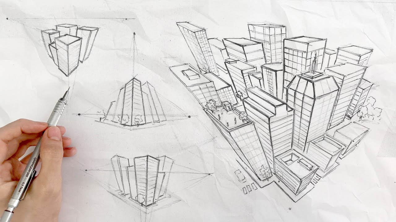Drawing CITIES in 3 POINT PERSPECTIVE ✍🏻 - Easy Urban Sketching
