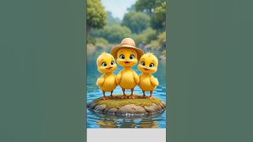 Three cute ducklings jumping into the water.