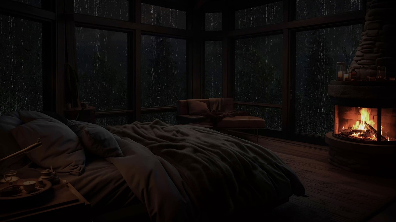 Sons naturais de chuva para ajudar a dormir bem e relaxar em cabana aconchegante com lareira