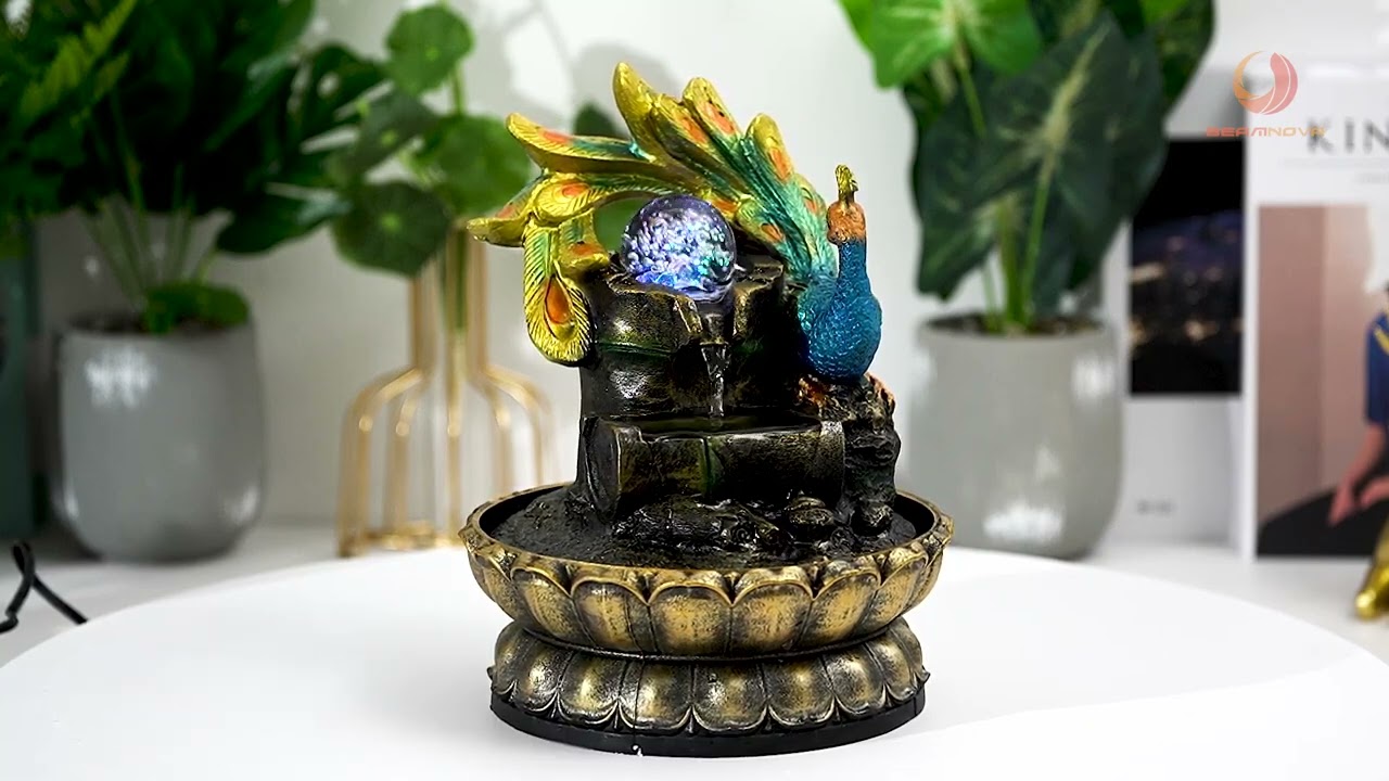 Tabletop Fountain,Peacock Water Fountains Indoor with Led Light Rolling Ball