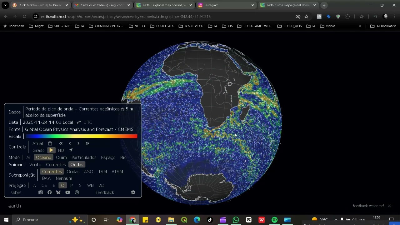 Earthnullschool a plataforma online que nos dá a informação em tempo real sobre a meteorologia no mundo