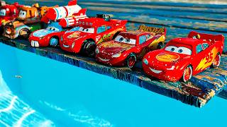 Disney Pixar Cars falling into deep pool, Lightning McQueen, Tow Mater, Mack, Sally, Francesco