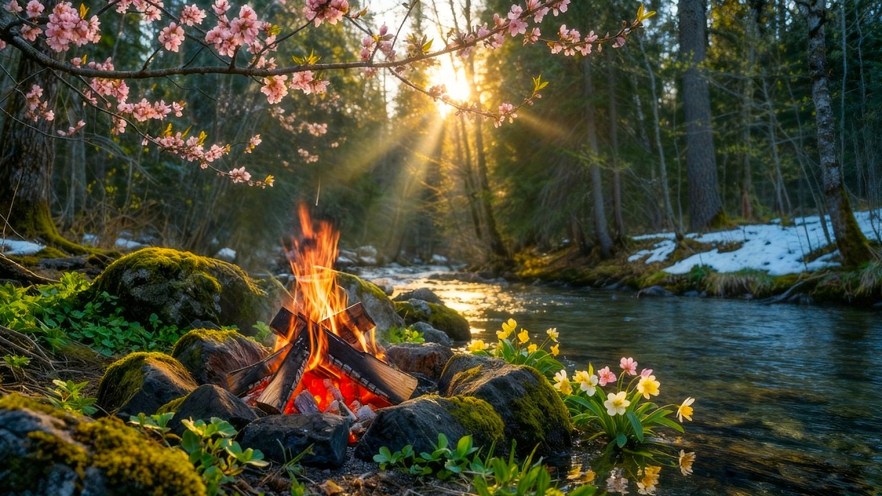 Spring Campfire Background Early Spring Campfire Ambience πΈπ₯ Creek Sounds, Blossoms, and Gentle ...