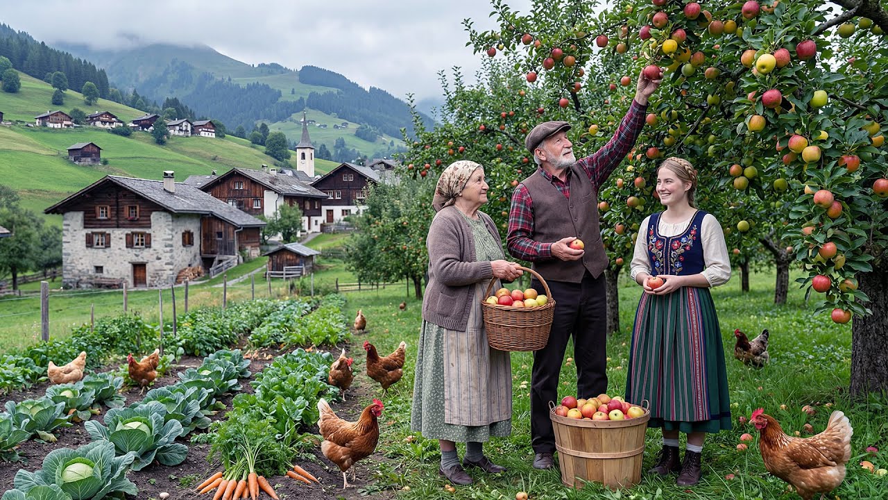 Простая жизнь — мирный день в сельской местности — сбор фруктов, разведение скота