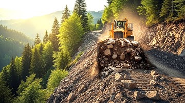 Intense Bulldozer Operation Building Steep Road on Mountain Side Through Tough Terrain