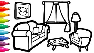 Yashash xonasini qanday chizish va bolalar uchun rang berish .How to draw a living room and color Resimi