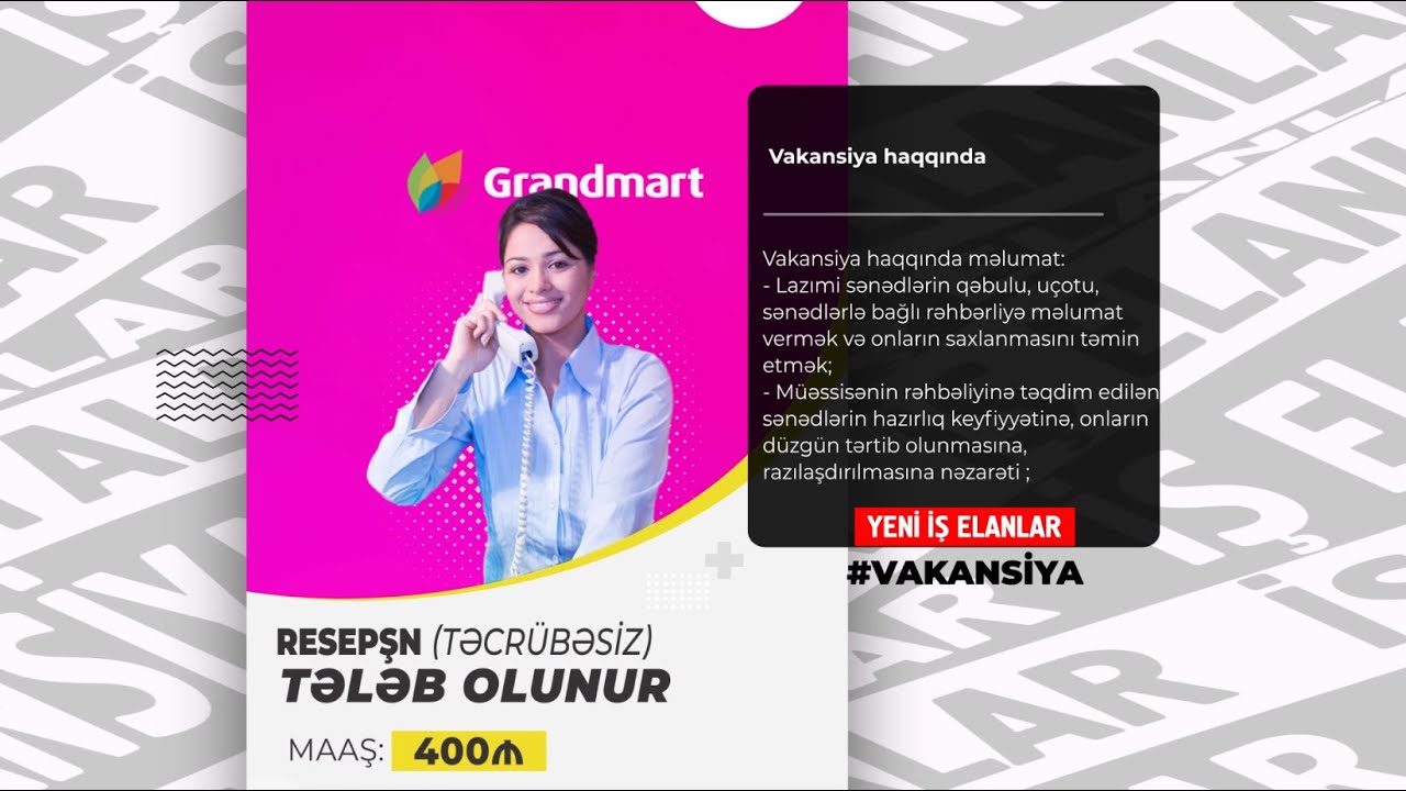 Qadınlar üçün vakansiya Resepşn, Ofisiant və Kredit İşçisi