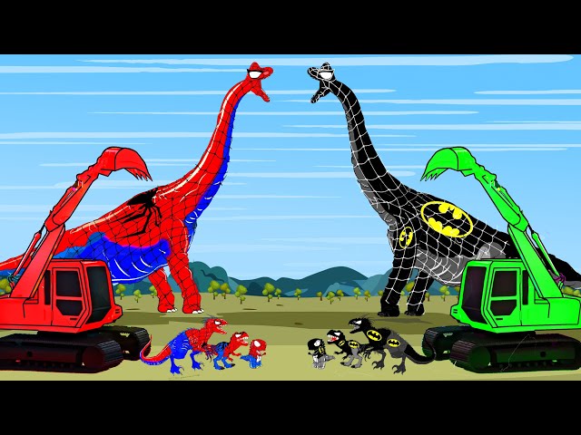 SPIDER BRACHIOSAURUS vs BATMAN T-REX DINOSAUR, GODZILLA Excavator, Truck: Who Is The King Of Monster class=