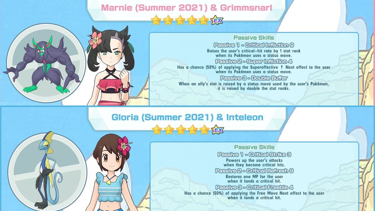 What are the STATS, PASSIVE SKILLS, and MOVESETS for INTELEON and GRIMMSNARL in Pokemon Masters?