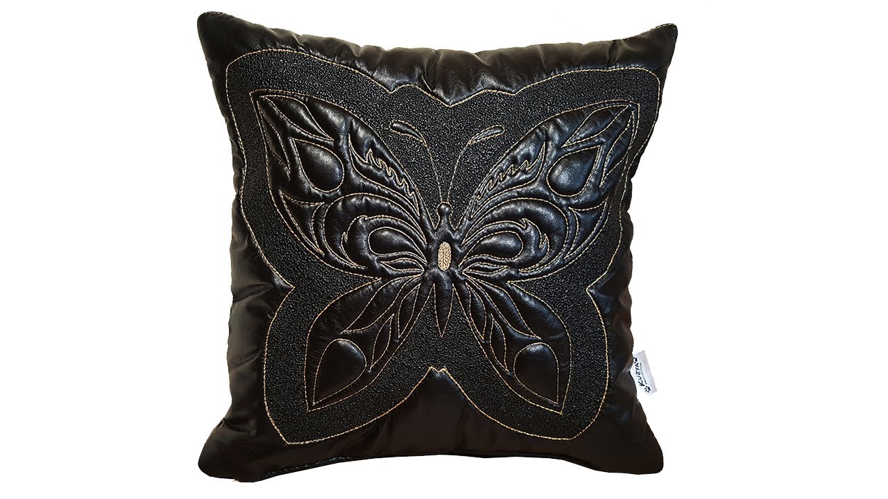 Quilted Pillow Cover Butterfly on Black Eco Leather | Стеганая наволочка с бабочкой на  Эко-коже