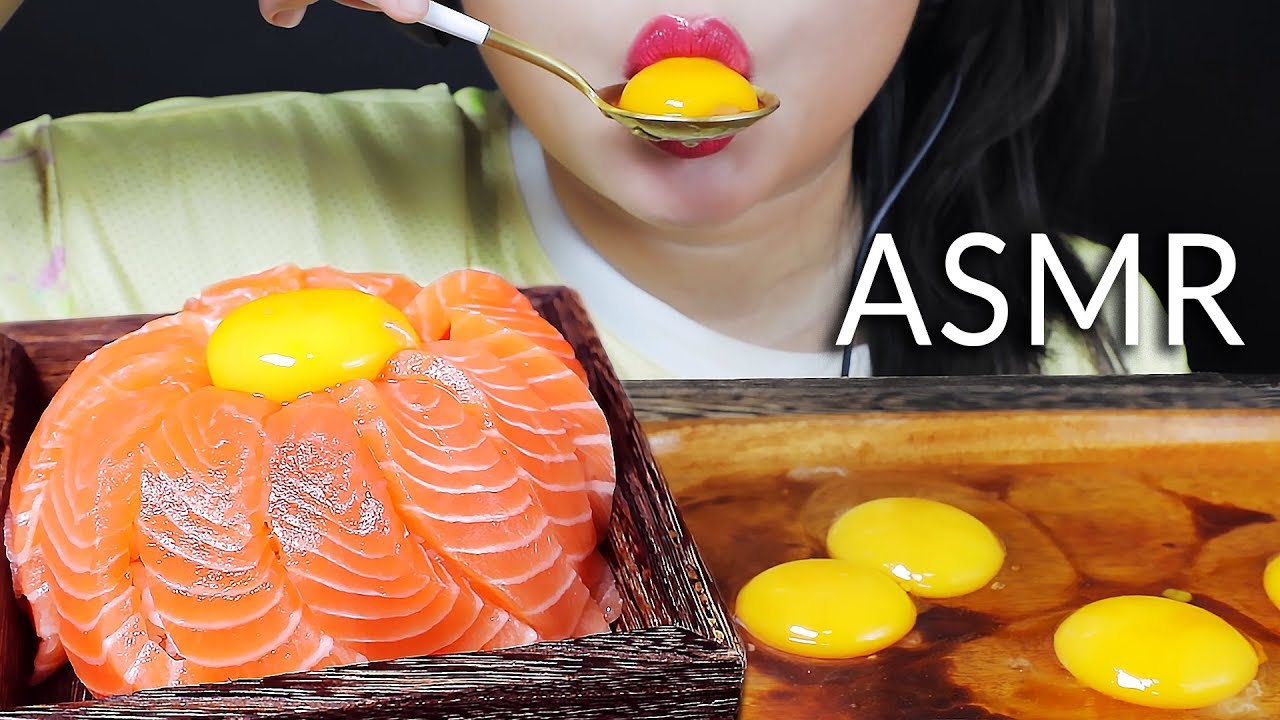 ASMR EATING RAW EGGS AND RAW SALMON RICE EATING SOUNDS LINH ASMR Mukbang Linhasmr YouTube