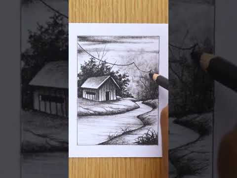 Scenery drawing with charcoal pencil 😍 #shorts