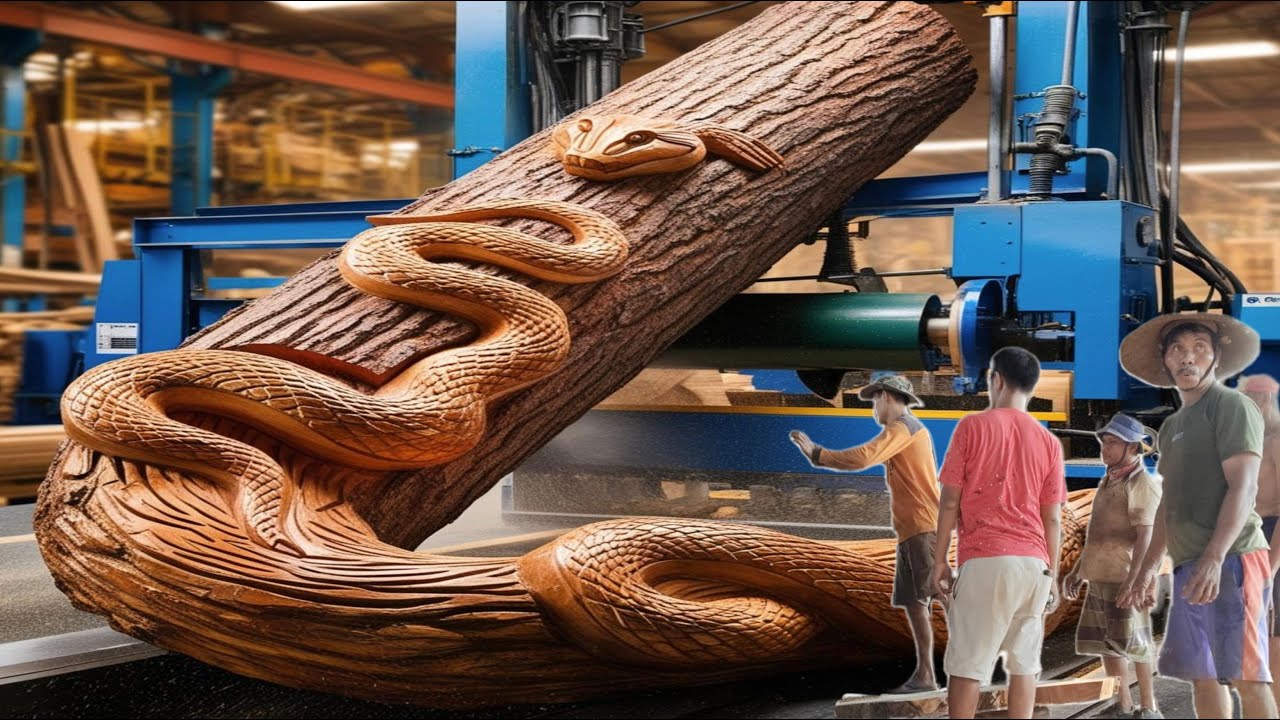 WOOD LIKE A PYTHON IS IN THE PROCESS OF BEING SAWN FOR A SCARVES - YouTube