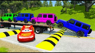 Double Flatbed Trailer Truck vs Speedbumps Train vs Cars Beamng.Drive #54