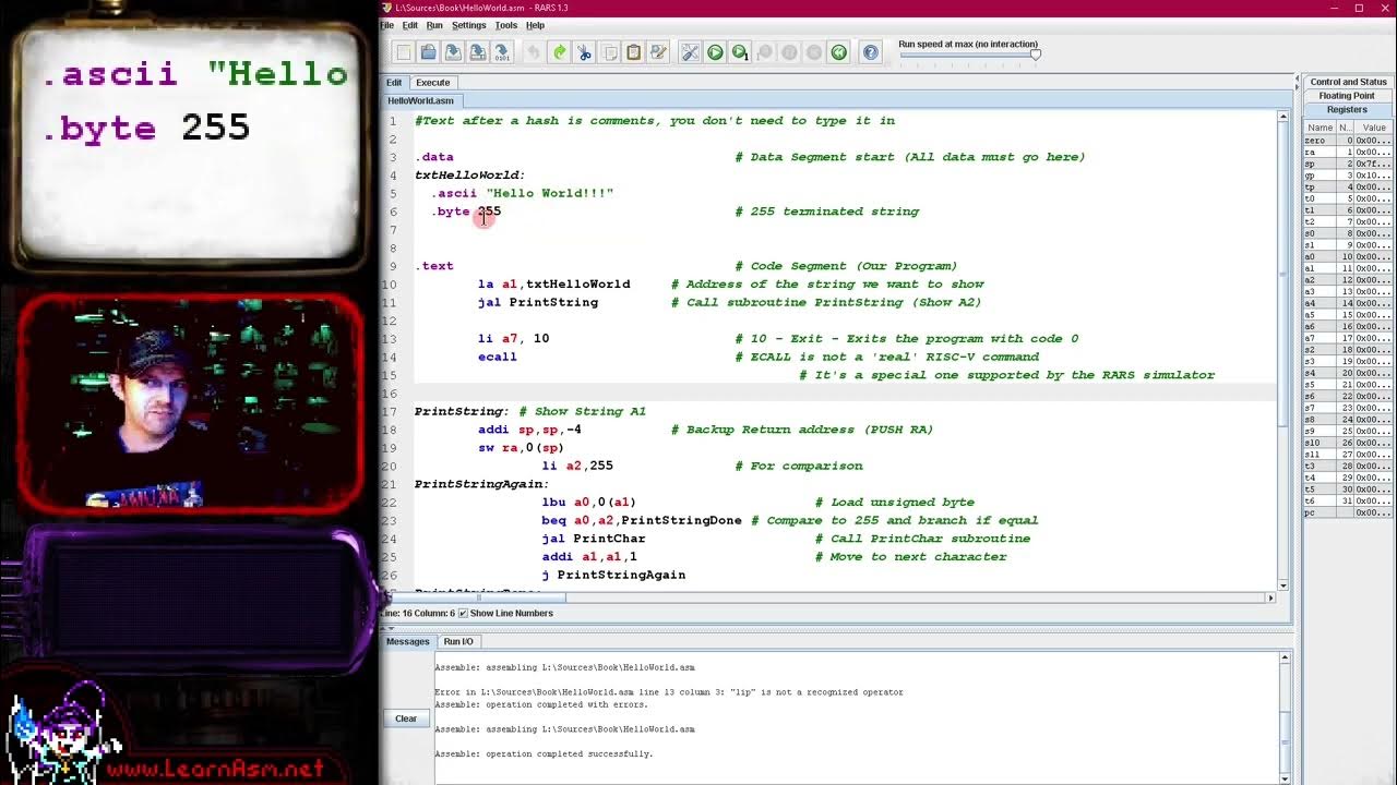 Hello world with rars riscv lesson h1 youtube