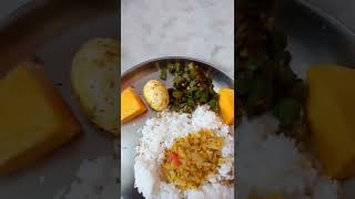 rice(unpolished), cabbage sambar egg with lady's finger fry and 2piece of banganapalli mongo?️?