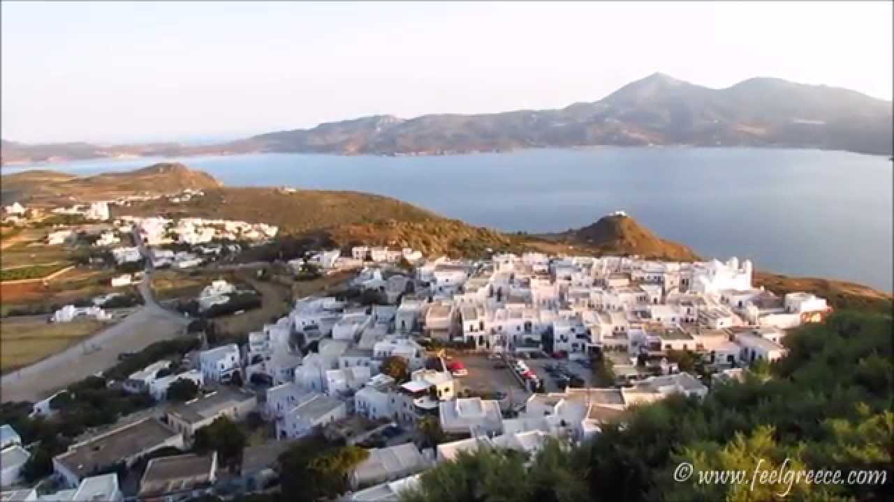 Milos island view from the venetian castle in Plaka at sunset