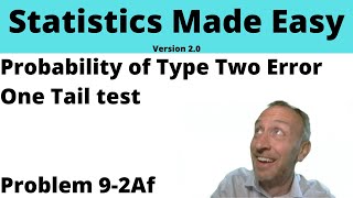 Statistics Module 9 V2 - Probability of Type Two Error, One Tail Test, Problem 9-2Af