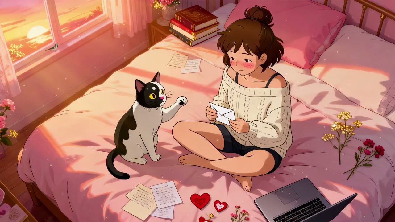 Cherry's Reading Love Letters in Bed 💌 Cozy Lofi Beats for Relaxing & Studying 🐱 Sunset Feelings