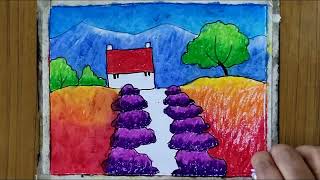 How to draw home scenery | beautiful scenery painting with oil pastel step by step for beginners