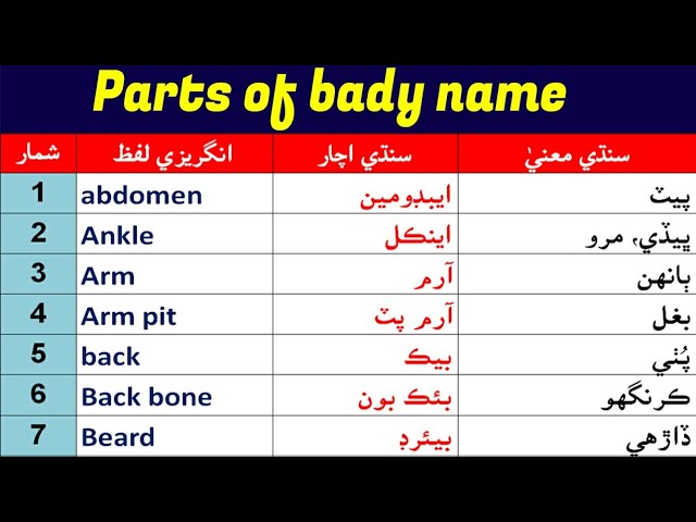 Human Body Parts Name In Sindhi