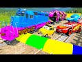 Super Train Rescue Small Cars with Double Rails and Speedbums - BeamNG Drive